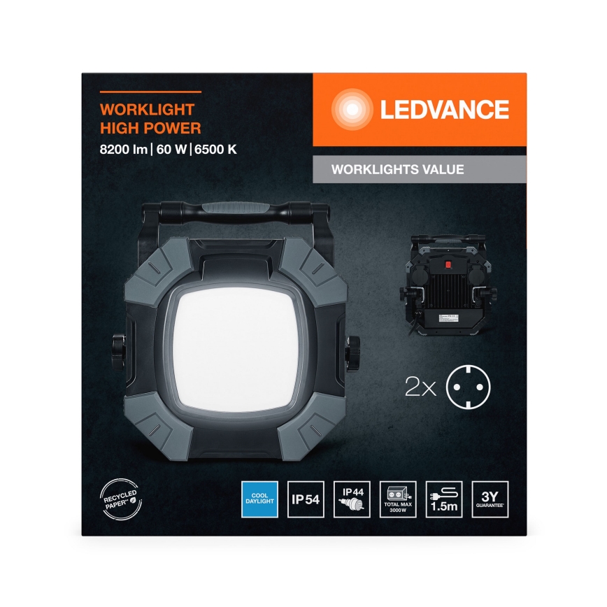 Ledvance - Eclairage de travail à intensité variable avec 2 prises WORKLIGHT VALUE LED/60W/230V IP54