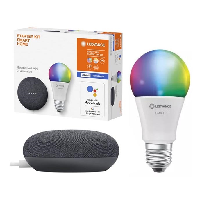 Ledvance - Enceinte intelligente Google Nest Mini + Ampoule à intensité variable LED RGBW SMART+ E27/9W/230V