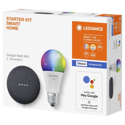 Ledvance - Enceinte intelligente Google Nest Mini + Ampoule à intensité variable LED RGBW SMART+ E27/9W/230V