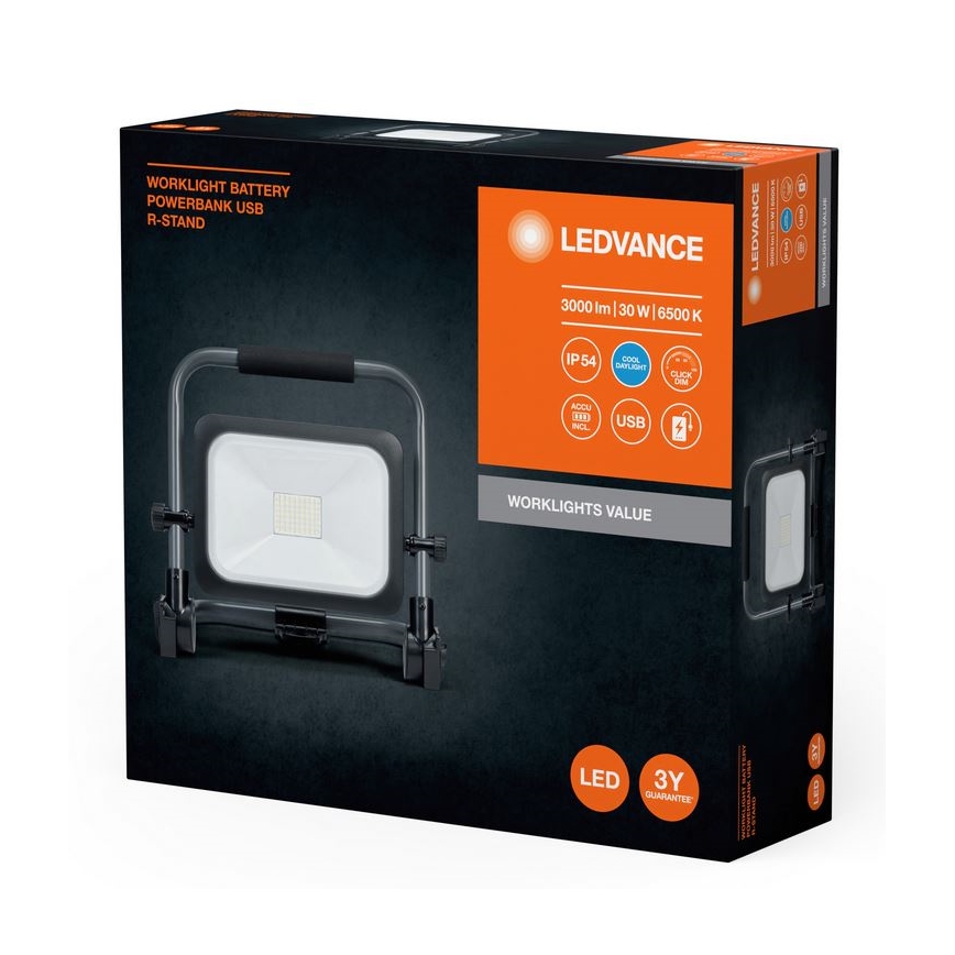 Ledvance - Projecteur rechargeable extérieur à intensité variable WORKLIGHT BATTERY LED/30W/5V IP54