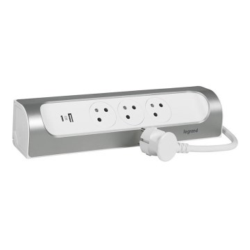 Legrand 049406 - Rallonge 3 prises Type E + USB-A + USB-C, 1 m, argenté/blanc