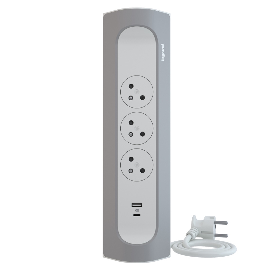 Legrand 049406 - Rallonge 3 prises Type E + USB-A + USB-C, 1 m, argenté/blanc