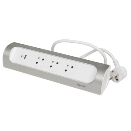 Legrand 049406 - Rallonge 3 prises Type E + USB-A + USB-C, 1 m, argenté/blanc