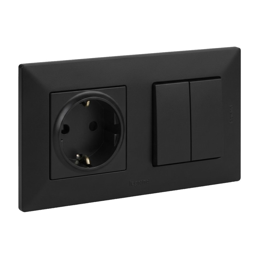 Legrand - Interrupteur d'escalier double 6+6 et prise domestique SCHUKO avec cadre NILOE STEP 250V noir