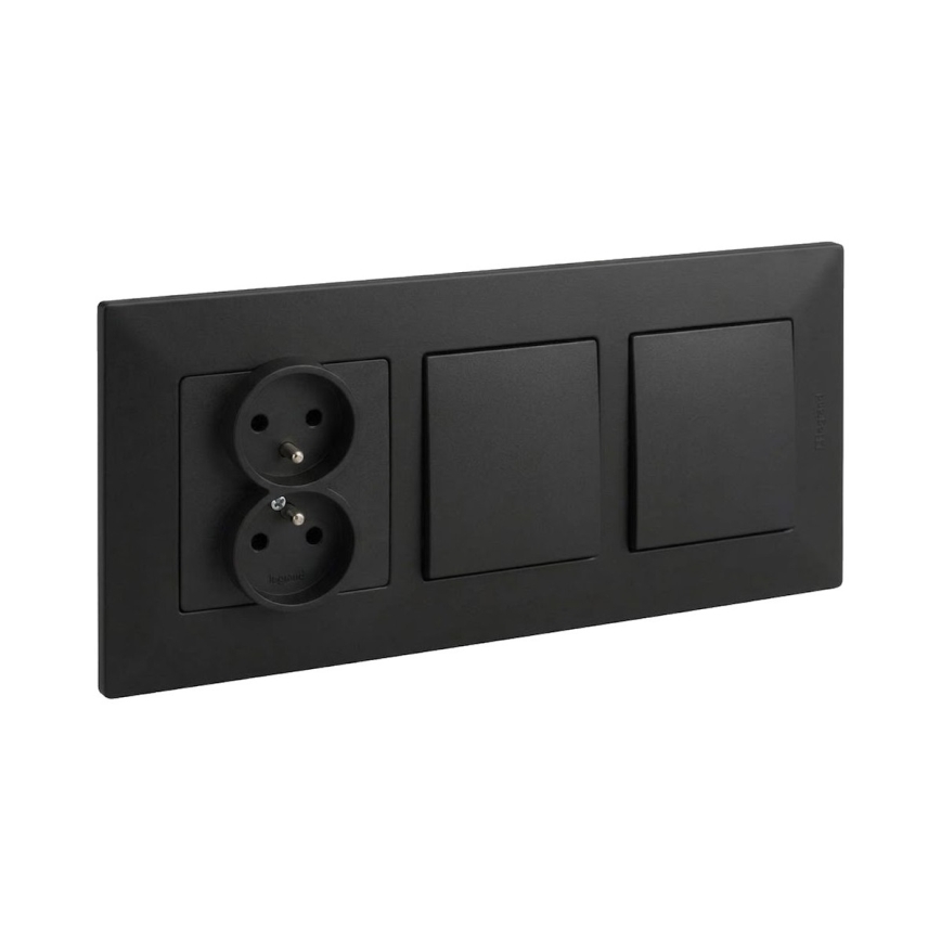 Legrand - Interrupteur double unipolaire n° 1 et prise double encastrée avec cadre NILOE STEP 250V noir