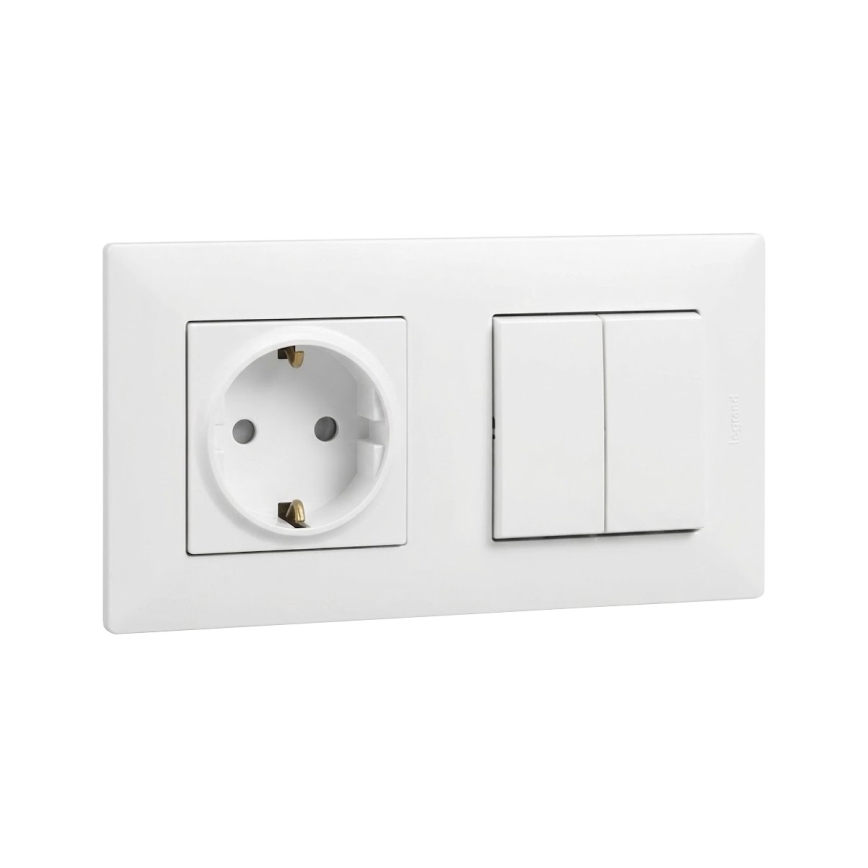 Legrand - Prise domestique SCHUKO et interrupteur double en série n° 5 avec cadre NILOE STEP 250 V blanc