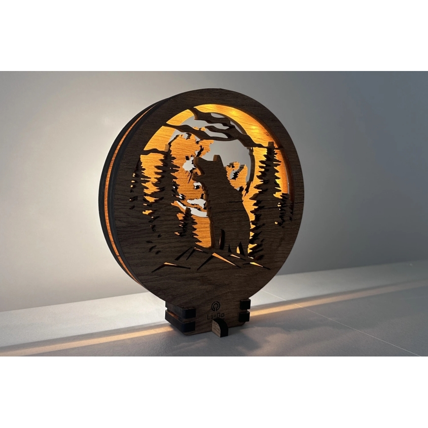 Li-Go 23574/DUB2 - Lampe décorative de table LED à intensité variable LED/12W/230V 20x22 cm chêne/Loup et lune