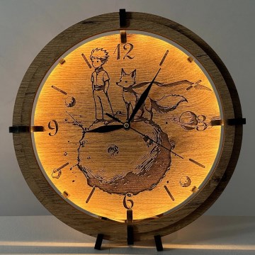 Li-Go 23712/DUB/BAT2 - Horloge LED à intensité réglable avec capteur de mouvement LED/10W/5V 20000 mAh + 1xAA Ø 32 cm chêne/Le Petit Prince