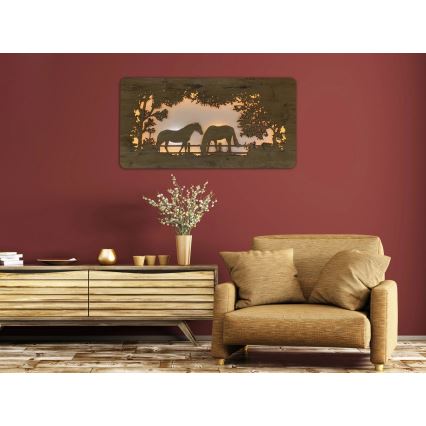 Li-Go 5012/B/4 - Décoration murale LED dimmable LED/10W/5V 30000 mAh 120x60 cm chêne/chevaux + télécommande