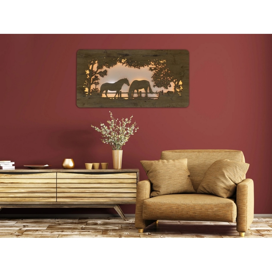 Li-Go 5012/B/4 - Décoration murale LED dimmable LED/10W/5V 30000 mAh 120x60 cm chêne/chevaux + télécommande