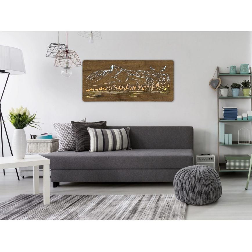 Li-Go 5589/A/DUB2 - Décoration murale LED à intensité variable LED/10W/5V 30000 mAh 110x50 cm chêne/Montagnes avec oiseaux