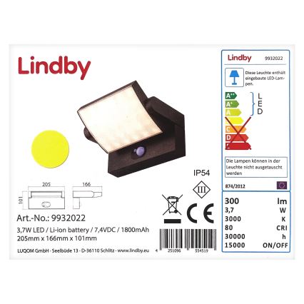 Lindby - Applique murale solaire avec détecteur SHERIN LED/3,7W/7,4V 1800 mAh IP54