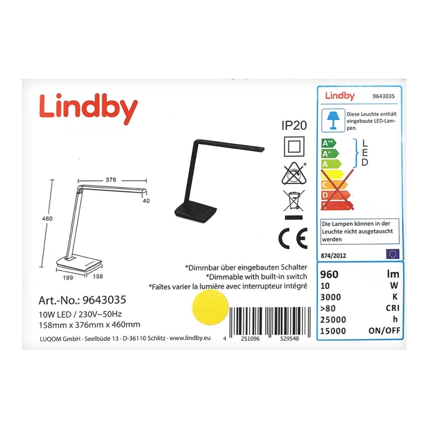 Lindby - Lampe de table tactile à intensité variable KUNO LED/10W/230V + USB