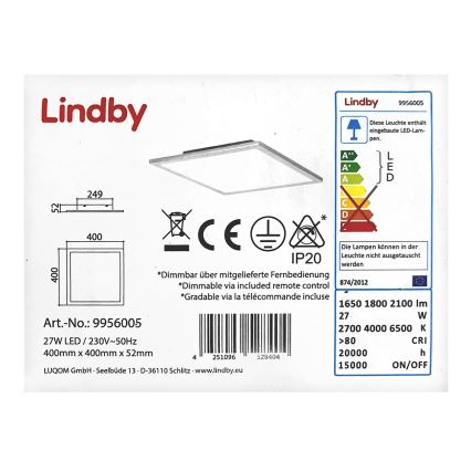 Lindby - Plafonnier à intensité variable LIVEL LED/27W/230V + Télécommande