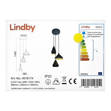 Lindby - Suspension filaire 3xE27/60W/230V