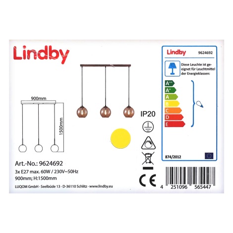 Lindby - Suspension filaire SOFIAN 3xE27/60W/230V