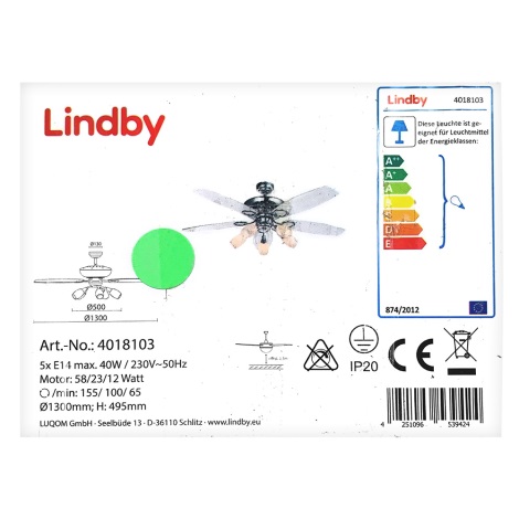 Lindby - Ventilateur de plafond avec un éclairage CEDRIK 5xE14/40W/230V