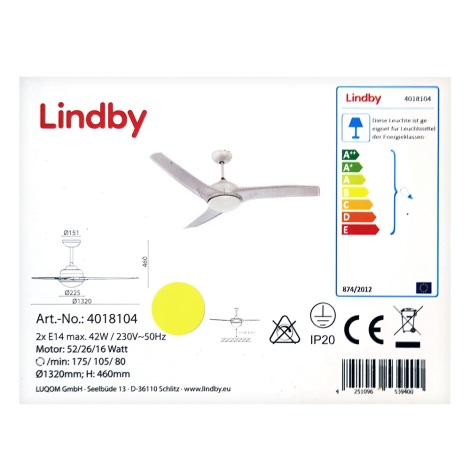 Lindby - Ventilateur de plafond EMANUEL 2xE14/42W/230V + télécommande