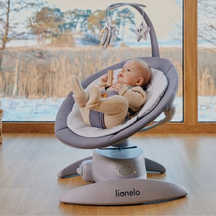 Lionelo - Balancelle musicale pour bébé MELL Grey Stone, 4 piles AA + télécommande