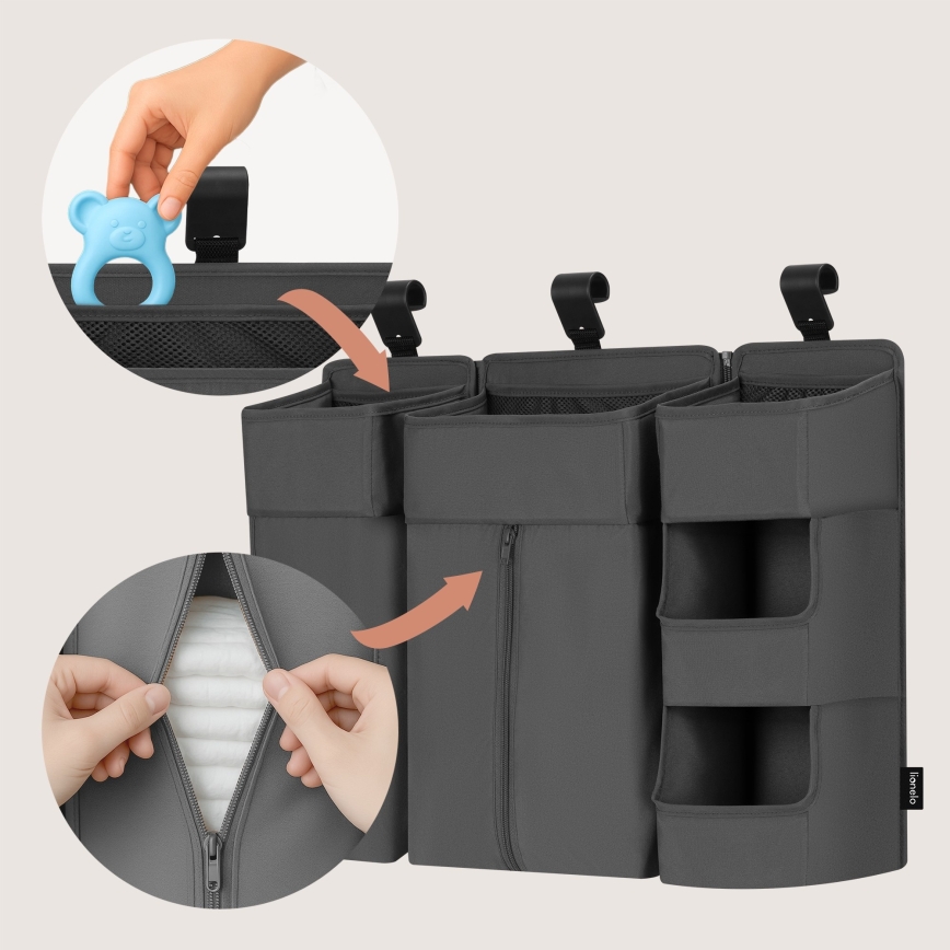 Lionelo - Organiseur 3 en 1 pour lit bébé SIDEPOCKET, gris