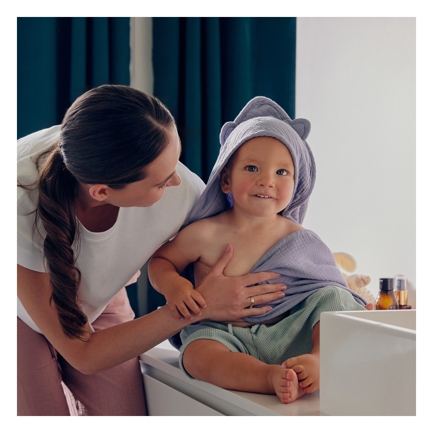 Lionelo - Serviette à capuche pour enfants en mousseline Gris Ciel