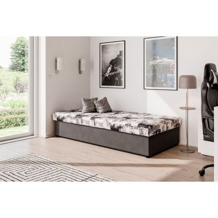 Lit coffre NOE 90x200 avec matelas à ressorts et espace de rangement, gris/noir
