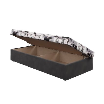 Lit coffre NOE 90x200 avec matelas à ressorts et espace de rangement, gris/noir