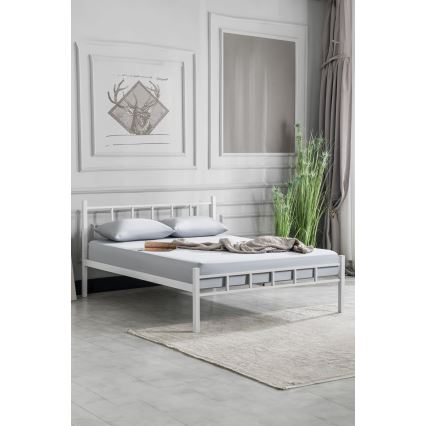 Lit double en métal ORMEL 160x200 cm, finition blanche, capacité de charge 200 kg