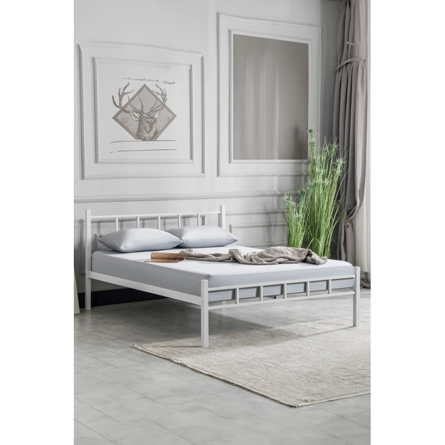 Lit double en métal ORMEL 160x200 cm, finition blanche, capacité de charge 200 kg