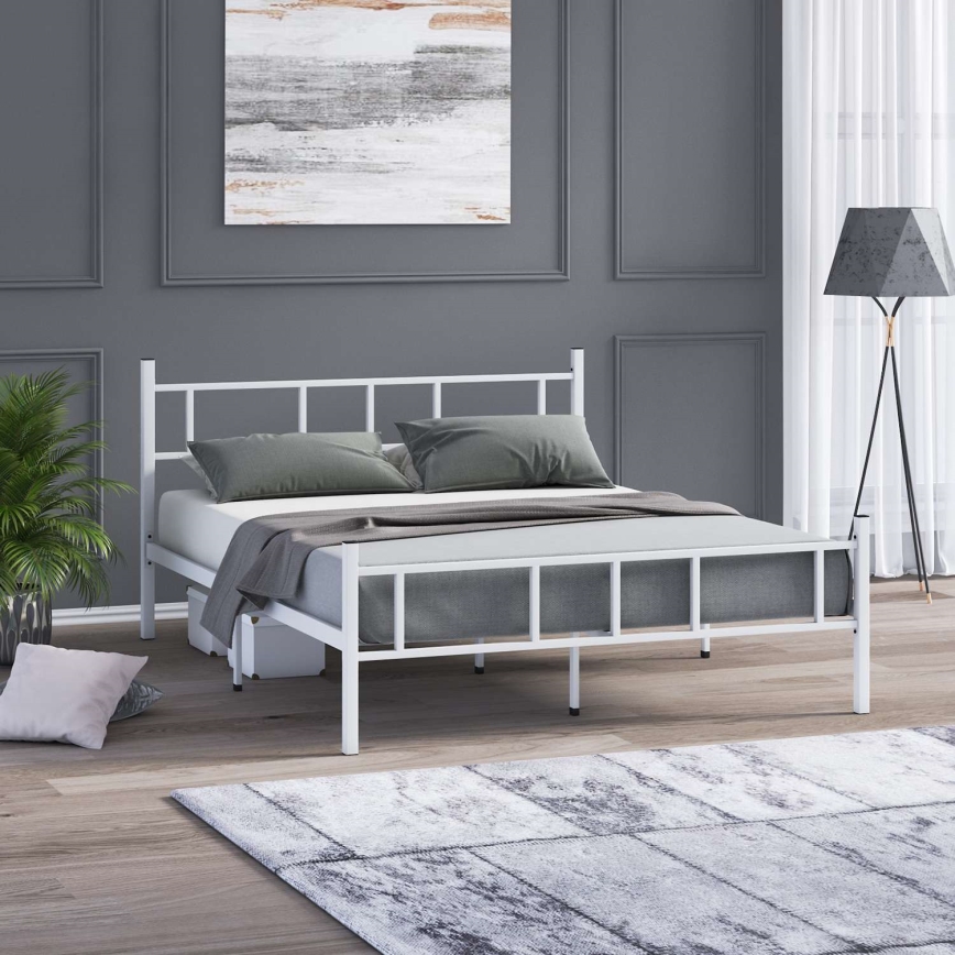Lit double en métal PIRON 140x200 cm, blanc — charge maximale 200 kg