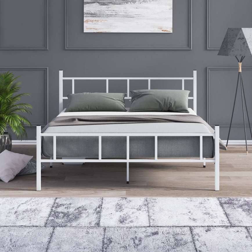 Lit double en métal PIRON 140x200 cm, blanc — charge maximale 200 kg