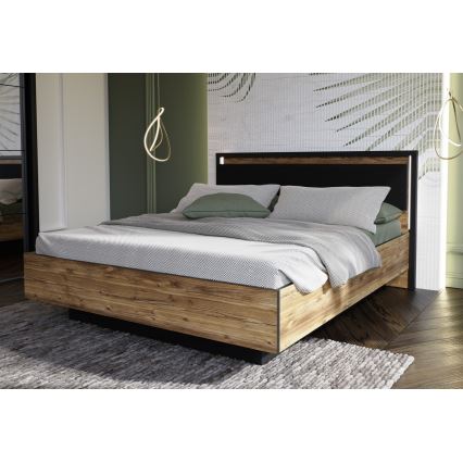 Lit double OREN 160x200 cm avec rangement, marron/noir
