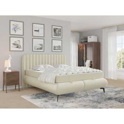 Lit double rembourré avec matelas et espace de rangement ALEXA 180x200 cm beige