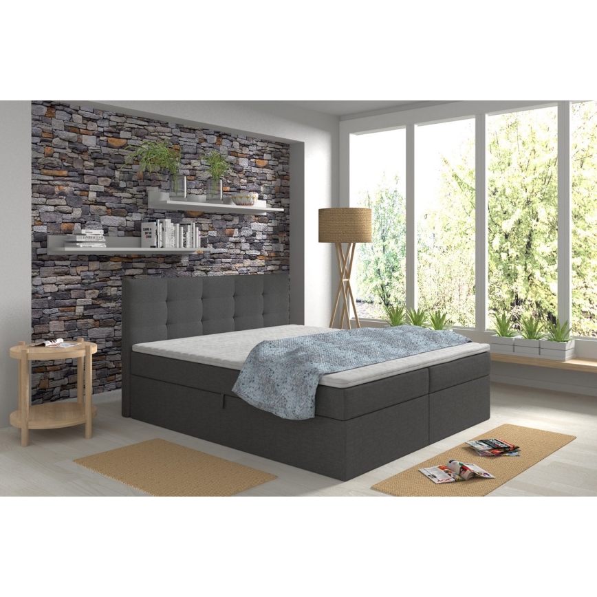 Lit double rembourré avec matelas et surmatelas, espace de rangement EMBER 160x200 cm anthracite