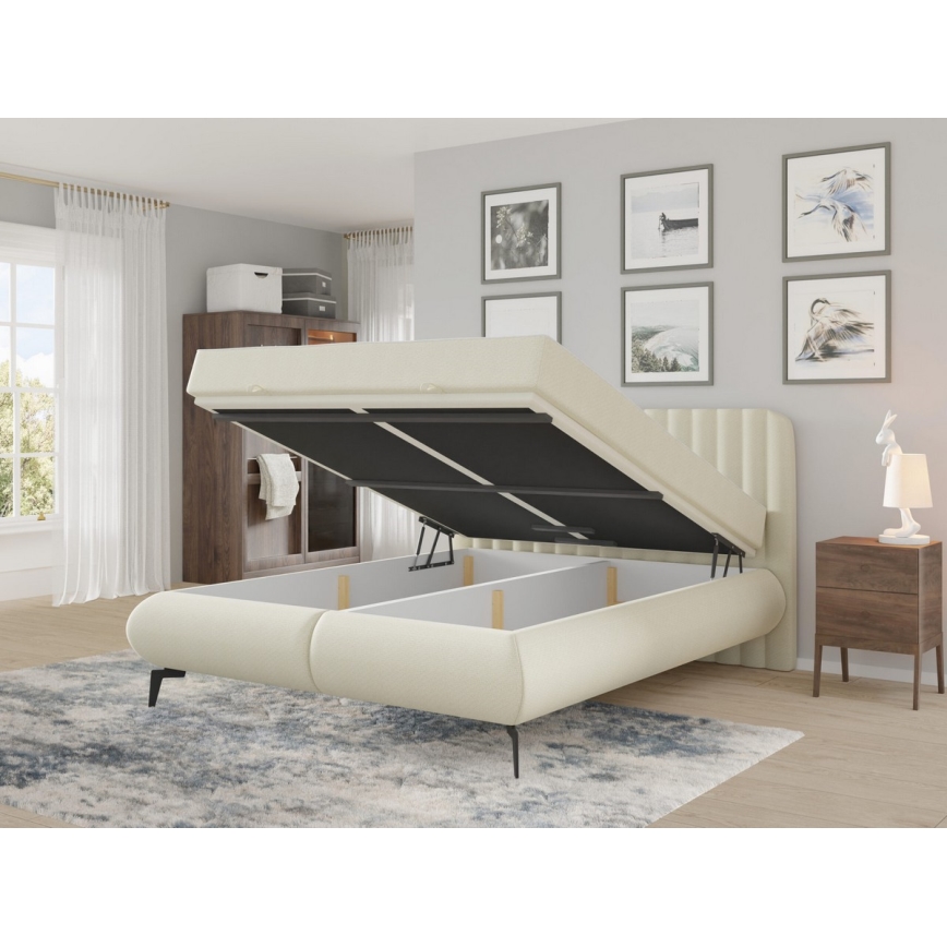 Lit rembourré ALEXA 160x200 cm avec matelas et espace de rangement, beige