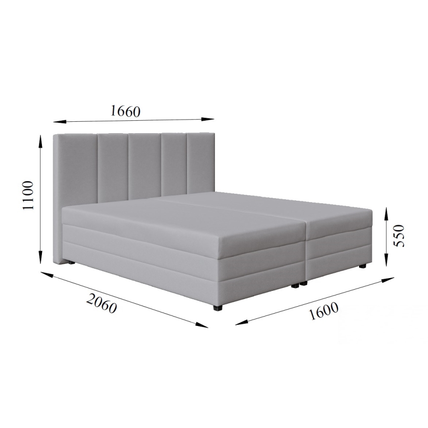 Lit rembourré ISABEL 160x200 avec matelas à ressorts et coffre de rangement, gris clair