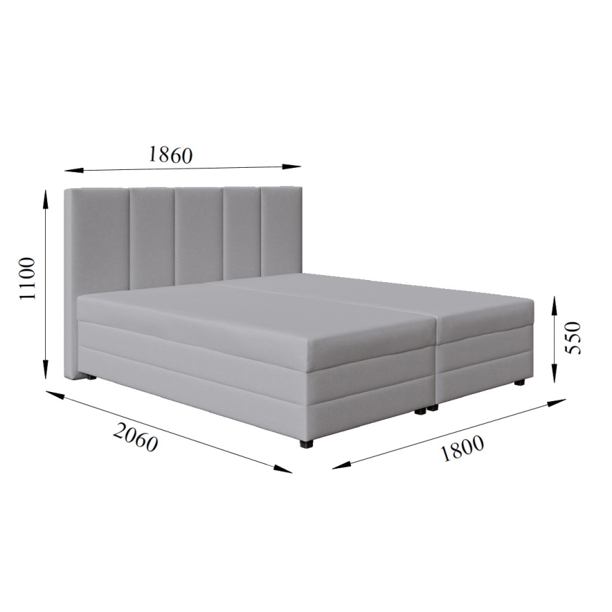 Lit rembourré avec matelas à ressorts et espace de stockage ISABEL 180x200 gris clair