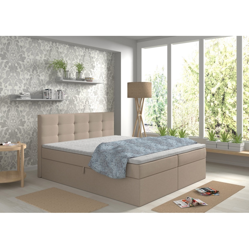 Lit double rembourré avec matelas et surmatelas, espace de rangement EMBER 180x200 cm beige