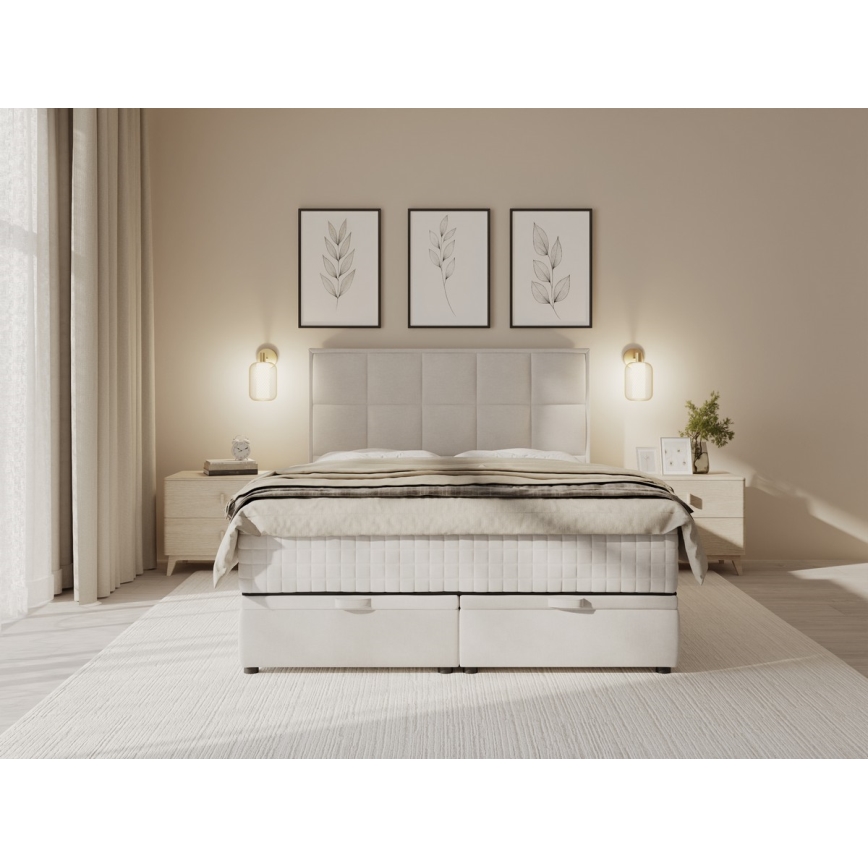 Lit rembourré GRACE 140x200 cm avec matelas et espace de rangement, beige