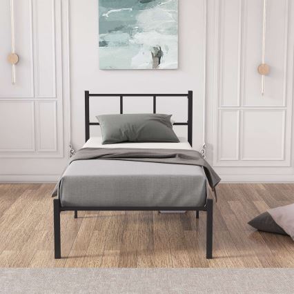 Lit simple métallique ROVAN 90x200 cm, noir, capacité de charge 120 kg