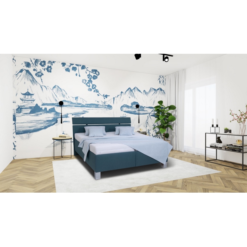 Lit tapissé ALIS 180x200 cm avec matelas et coffre de rangement, bleu pétrole