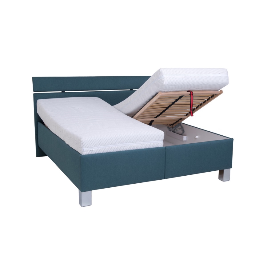 Lit tapissé ALIS 180x200 cm avec matelas et coffre de rangement, bleu pétrole