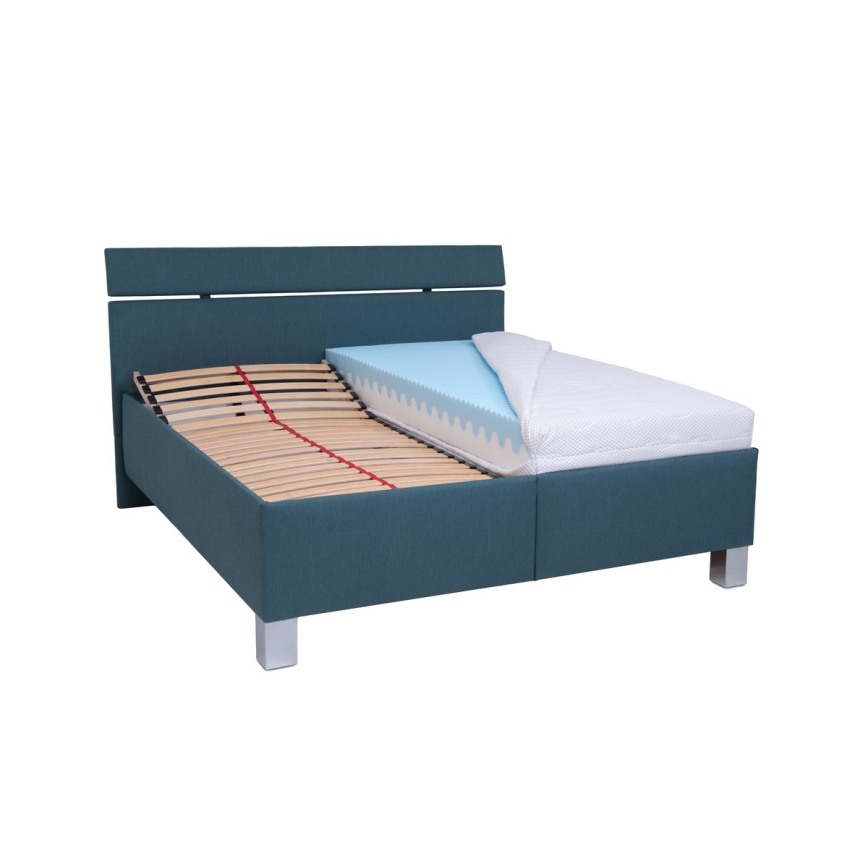 Lit tapissé ALIS 180x200 cm avec matelas et coffre de rangement, bleu pétrole