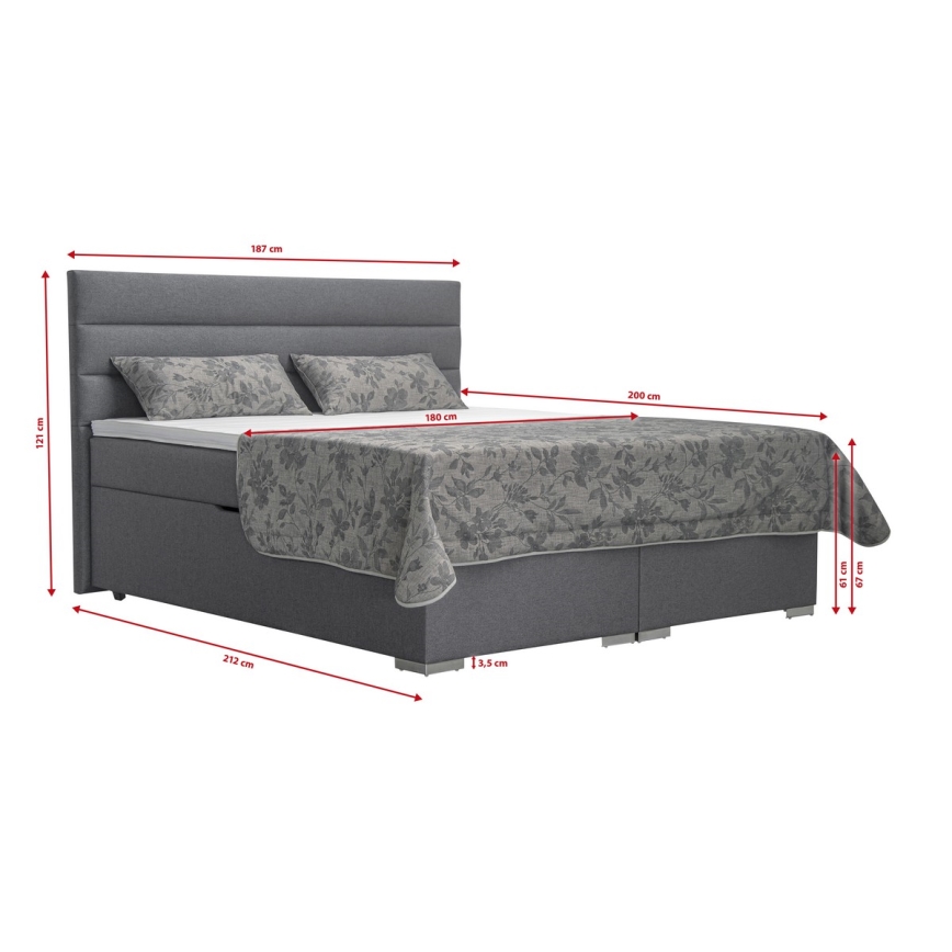 Lit tapissé NEW BOLERO 180x200 cm gris avec coffre de rangement et matelas avec surmatelas