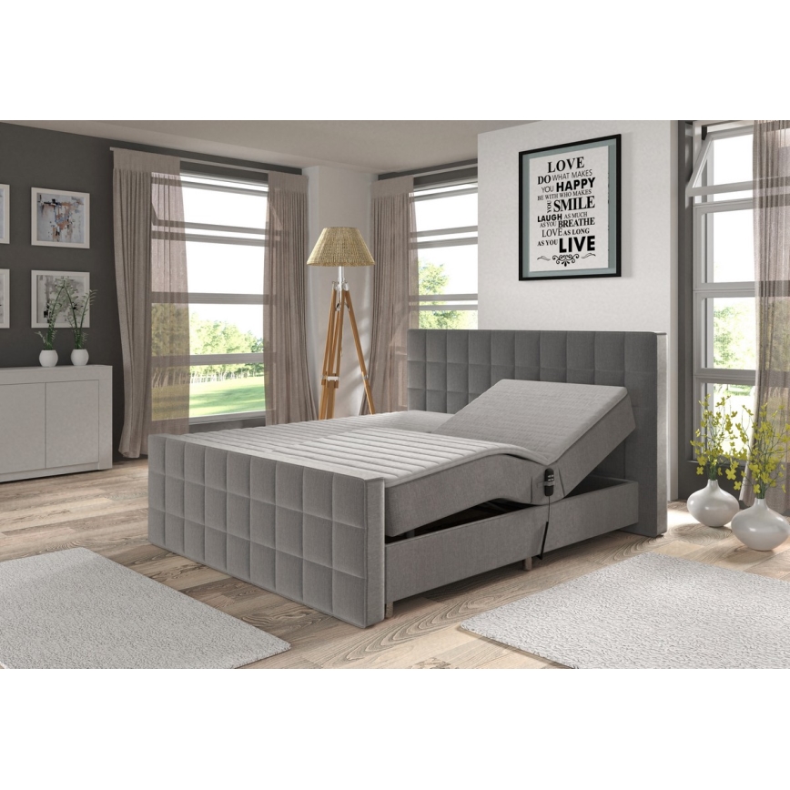 Lit rembourré réglable électriquement avec matelas et surmatelas HELEN 180 x 200 cm gris