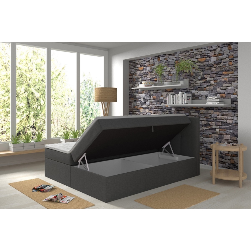 Lit rembourré EMBER 160 x 200 cm avec matelas et surmatelas et coffre de rangement, anthracite