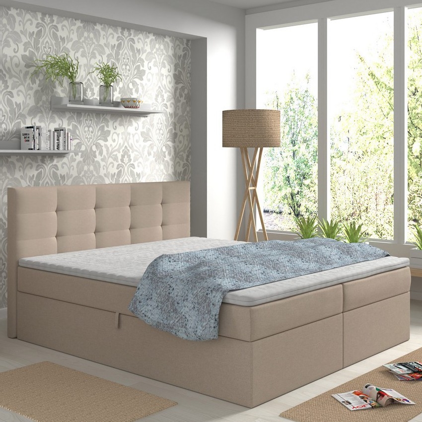 Lit tapissé EMBER 180x200 cm avec matelas et surmatelas, muni d'un coffre de rangement, beige