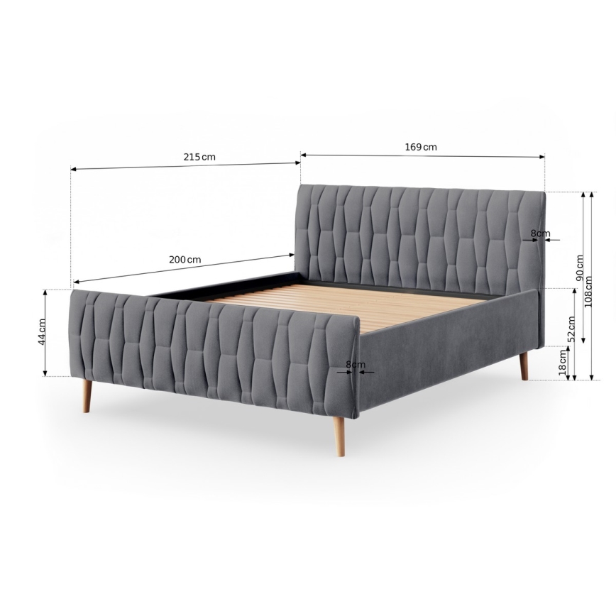 Lit tapissé FLORA 180 x 200 cm sans matelas, gris
