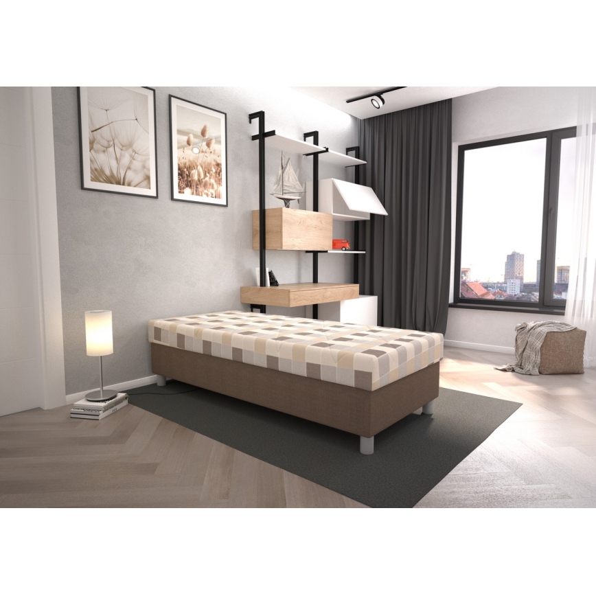 Lit tapissé GEORGE 90x200 cm avec coffre de rangement et matelas, brun