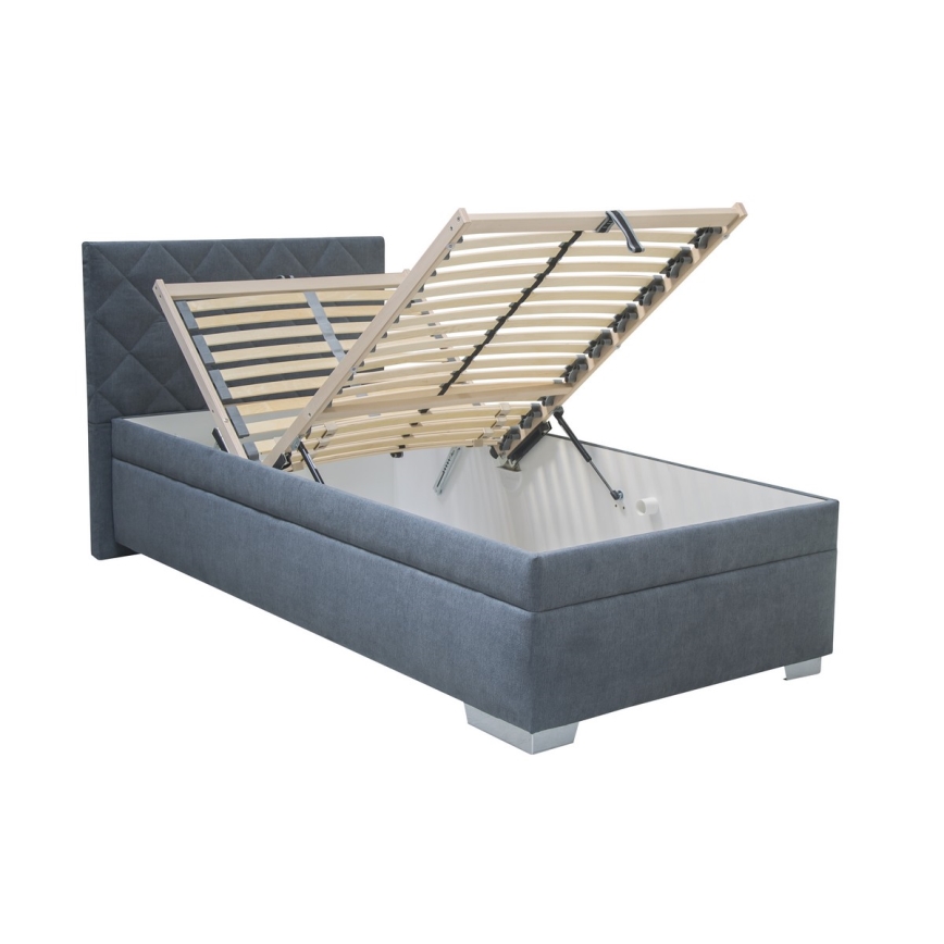 Lit tapissé LANA 90 x 200 cm avec coffre de rangement et matelas inclus, bleu